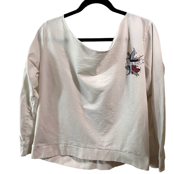 Tops - Retro No Bad Vibes Tattoo Bird White Swoop Neck Lightweight Sweatshirt tee